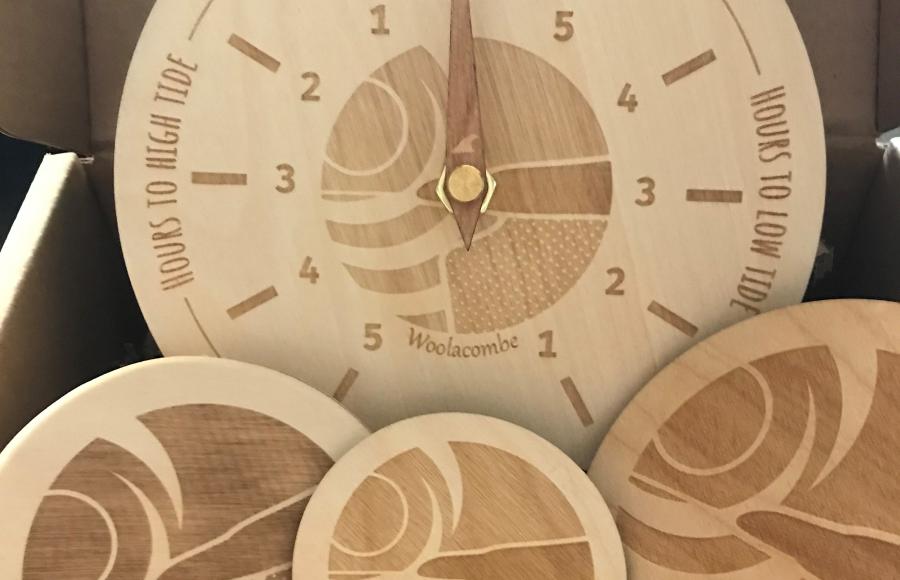 Bespoke wooden woolacombe gifts tide clocks coasters fridge magnets bottle openers
